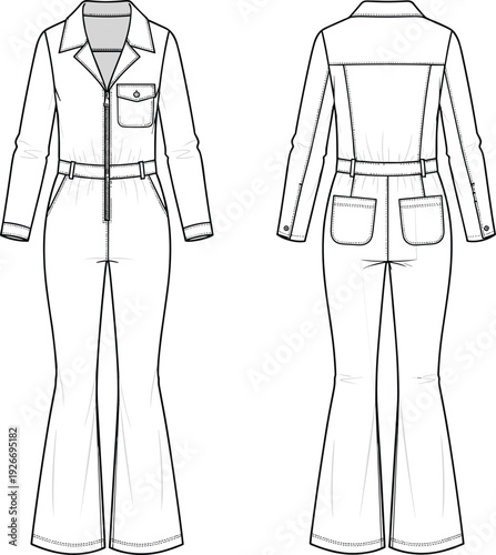 Collared jumpsuit fashion illustration, long sleeve design, front zipper closure, fitted waist with belt loops, technical garment sketch, apparel drawing