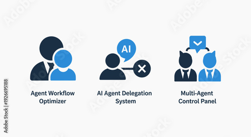 AI Agent Workflow Optimizer and Multi-Agent Control Panel Icons for Business Automation and Delegation Systems