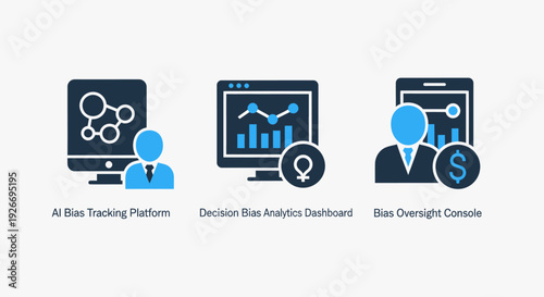 Artificial Intelligence (AI) Bias Tracking, Analytics, and Oversight Platform Icons. Modern vector illustrations depicting data monitoring, fairness, and ethical decision-making in technology.