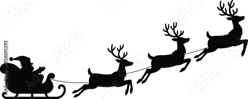 Black silhouette of Santa Claus in a sleigh pulled by reindeer flying through a starry night sky on white background