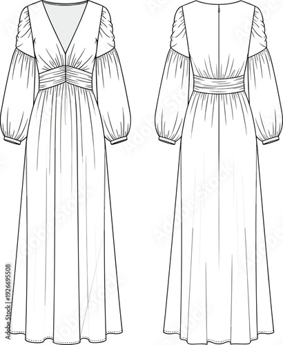 Elegant long sleeve floor length dress illustration, deep V neckline, ruched waist, voluminous sleeves, fashion design technical sketch garment