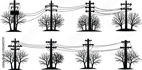 Silhouette illustration of utility poles with power lines and leafless trees, highlighting electricity distribution infrastructure integrated with natural elements