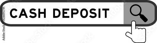 Search banner in word cash deposit with hand over magnifier icon on white background