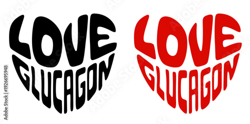 Heart-shaped sticker set featuring "LOVE GLUCAGON" in colorful and black design for body hormones health
