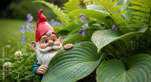 Garden Gnome Peeking Behind Leaf in Lush Green Garden with Purple Flowers
