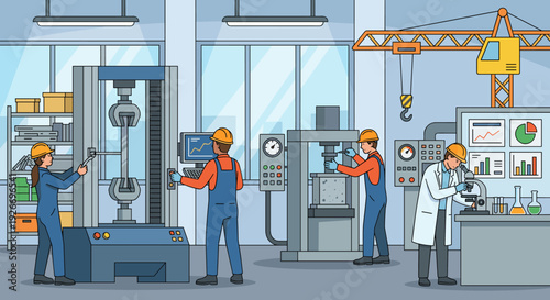 Materials testing laboratory with engineers and scientists working on quality control, using tensile and compression machines for research and analysis in a flat vector illustration style