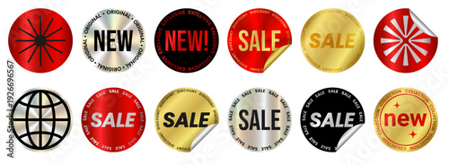 Red discount peeling sticker with curled corner, gold circle emblem, silver holographic badge with foil effect Sale, New. Realistic shiny round label, y2k hologram, icon. Isolated vector EPS10