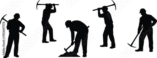 Construction workers silhouette set using pickaxes, manual labor mining or roadwork crew, industrial building site people, flat vector flavector, isolated.