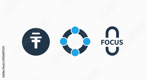 Abstract icons representing focus, teamwork, and a unique symbol, rendered in dark blue and bright blue.