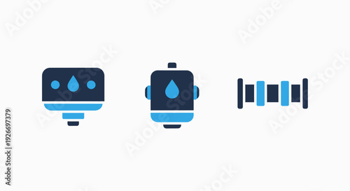 Abstract icons related to water flow and plumbing fixtures, featuring droplets and pipe connectors in dark blue and blue.
