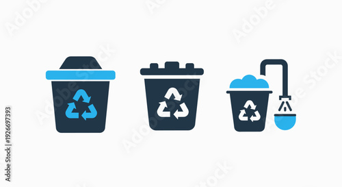 Three recycling bin icons with the universal recycle symbol, one with a shower head, signifying waste management and environmental care in blue and dark blue.