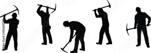 Construction workers silhouette set using pickaxes, manual labor mining or roadwork crew, industrial building site people, flat vector flavector, isolated.