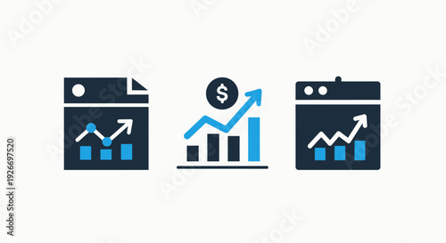 Financial growth charts and statistics icons, representing business analytics, investment success, and data analysis for presentations.