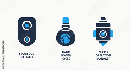 Abstract technology icons for smart dust lifecycle, nano power cycle, and micro operation manager, representing advanced scientific innovation and miniaturization.