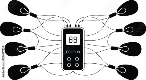 Digital tens unit device for muscle stimulation, electronic pulse massager with electrode pads and wires, medical physiotherapy equipment, flat vector flavector.