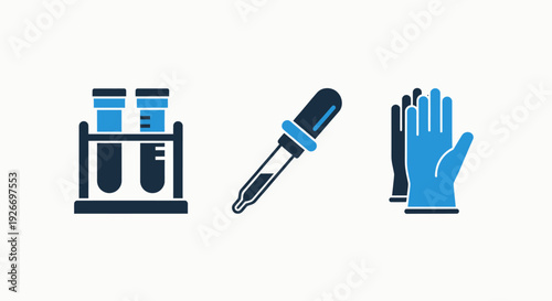 Laboratory icons with test tubes, dropper, and gloves, representing scientific research, medical testing, and chemical experiments in a clean, modern style.