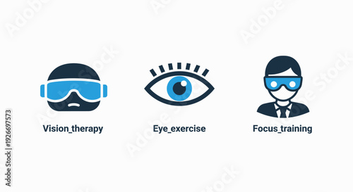 Icons for vision therapy, eye exercises, and focus training with VR goggles and an eye symbol, promoting visual health and cognitive enhancement.