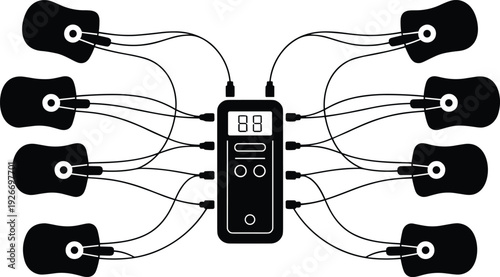 Digital tens unit device for muscle stimulation, electronic pulse massager with electrode pads and wires, medical physiotherapy equipment, flat vector flavector.