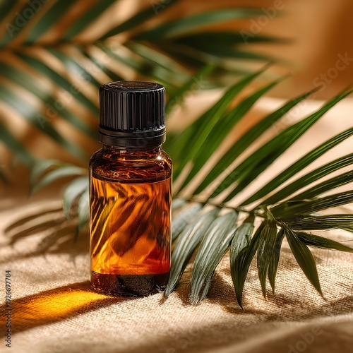 Small dark amber essential oil bottle with a black cap sits on a beige surface with soft palm leaf shadows in a spa and wellness aesthetic.