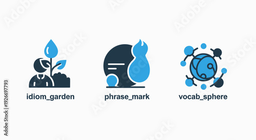 Conceptual icons illustrating language learning and growth: plant growing from a book, speech bubble with flame, and connected particles forming a sphere.