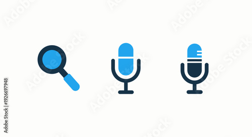 Set of simple icons for search, voice recording, and broadcasting, representing digital communication and media production.