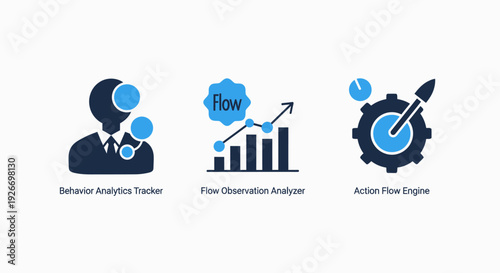 Behavior Analytics Icons: Tracker, Flow Analyzer, and Action Engine for Data Insights