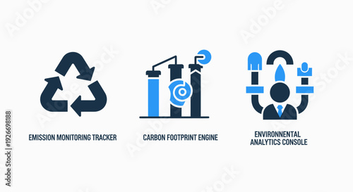 Set of icons for environmental tracking, including a recycling symbol, industrial emissions monitoring, and data analytics console.
