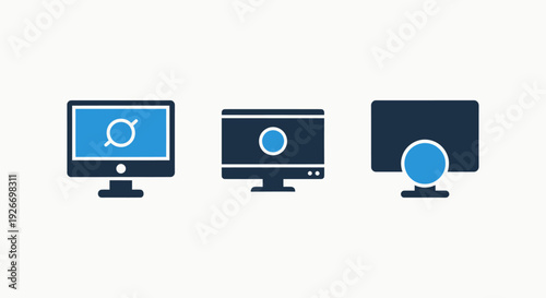 Wallpaper Mural Modern Computer Icons Representing Data Processing, Networks, and Digital Interfaces in a Minimalist Blue and Dark Color Scheme Torontodigital.ca