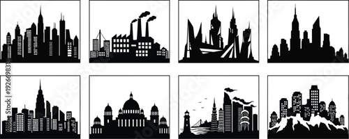 Collection of eight diverse urban landscape silhouettes, black vector icons of city skylines, industrial factories, and historical landmarks isolated on white.