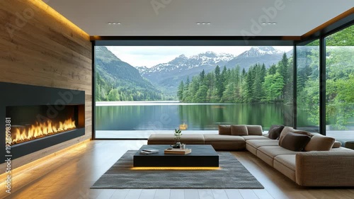 Wallpaper Mural Luxurious living room with a modern fireplace, overlooking a serene lake and mountains Torontodigital.ca
