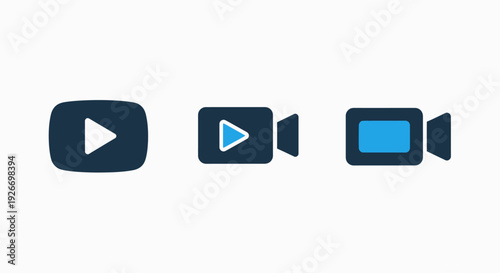 Video icons: play button, camera, and camcorder, representing video playback, content creation, and film production in a simple graphic style.