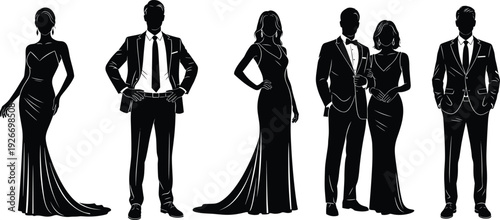 Elegant men and women fashion silhouettes isolated on white background, formal evening wear models in luxury dresses and suits, glamour lifestyle illustration design