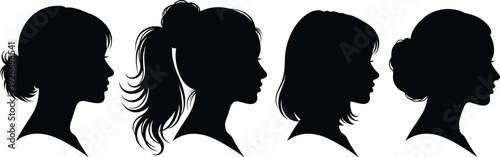 Female profile head silhouettes collection isolated on white background, women side view hairstyles set, beauty fashion portrait illustration for salon and design projects