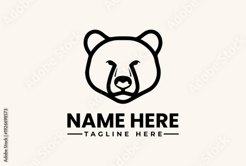 A minimalist black bear head logo with placeholder text on a beige background for branding purposes.