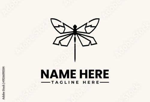 Logo design featuring a dragonfly with leaves on a beige background and sample text for a company name and tagline.