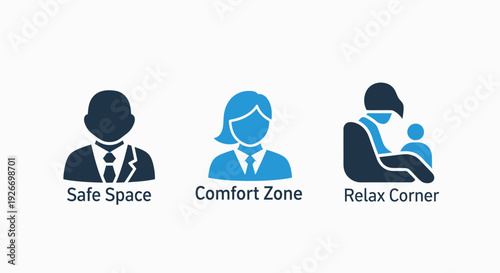 Office environment icons: Safe Space, Comfort Zone, and Relax Corner, promoting employee well-being and positive workplace culture.