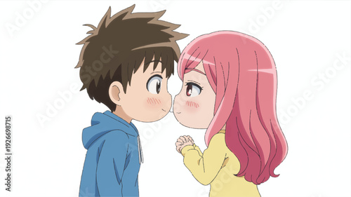 cartoon boy and girl about to kiss each other face to face