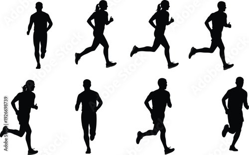 Collection of eight male and female runner silhouettes, black vector icons of people jogging and sprinting in motion isolated on white background.