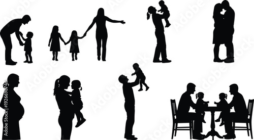Family life silhouettes collection isolated on white background, parents and children activities set, parenting, love, pregnancy and happy home relationship concept illustration