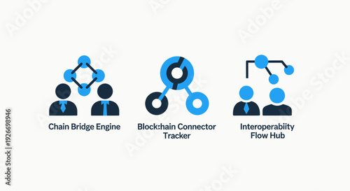 Blockchain technology icons for chain bridge engine, connector tracker, and interoperability flow hub in finance and network systems.