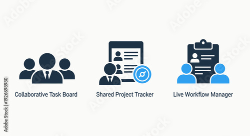 Business icons for collaborative task board, shared project tracker, and live workflow manager in project management and team coordination.
