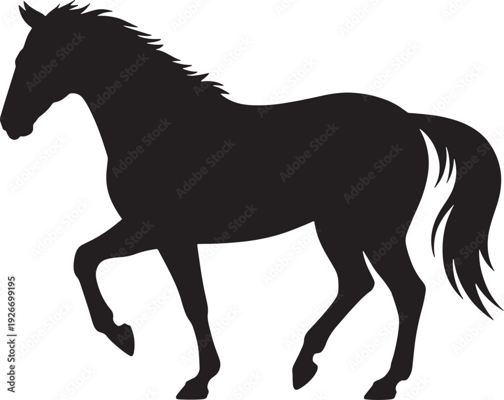 Obraz premium Black silhouette of a horse in motion with flowing mane and tail on a white background