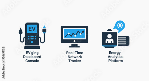 Modern Flat Design Electric Vehicle Energy Management Icons: EV Charging Dashboard, Real-Time Network Tracking, and Energy Analytics Platform