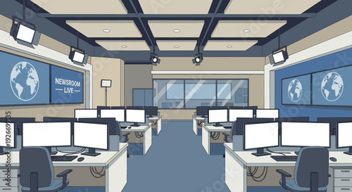 Modern empty cartoon newsroom broadcast studio with multiple monitors and large screens displaying a globe icon, illuminated by studio lights in a professional setting