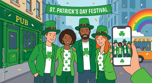 Happy multicultural group of friends in green costumes and hats celebrating St. Patrick's Day by taking a selfie photo together at an outdoor city festival