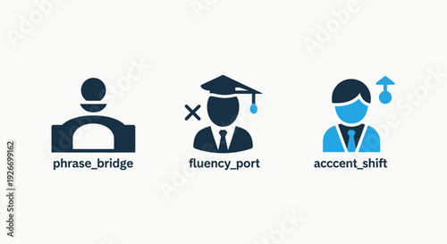 Educational Blue and Dark Icons Representing Language Learning Concepts Like Phrase Bridging, Fluency Portals, and Accent Shifts for Communication Improvement.