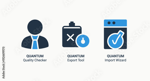 Professional Blue and Dark Icons for QUANTUM Quality Checker, Export Tools, and Import Wizards, Representing Data Management and Workflow Processes.