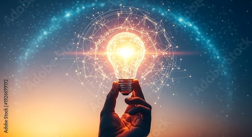 Innovative Idea Represented by Glowing Light Bulb Held Against Cosmic Background