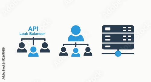 Digital Infrastructure Concepts: API Load Balancing, User Hierarchy, and Server Connectivity Vector Icons for Network Architecture