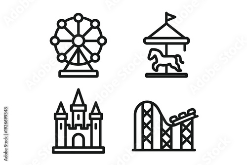 Amusement park attractions set featuring Ferris wheel, carousel, castle, and roller coaster